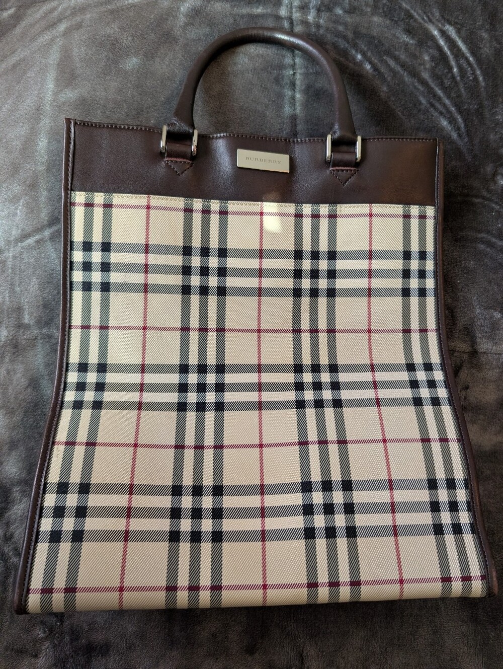 Burberry Vintage Beige and Brown Check Leather-Trim Tote COA